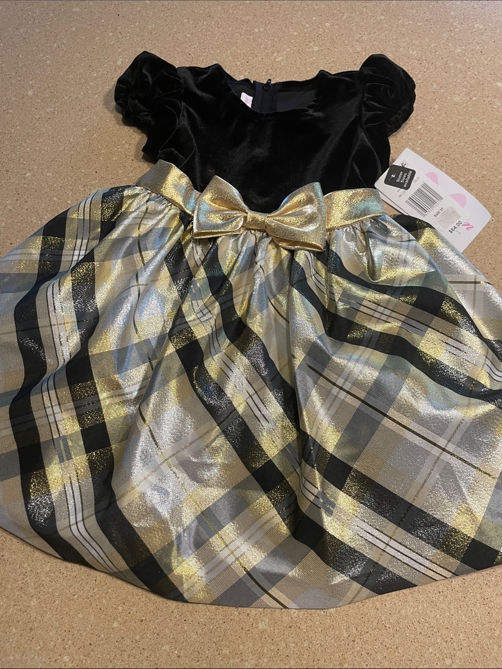 Bonnie Jean Black Velvet & Gold Plaid Party Dress